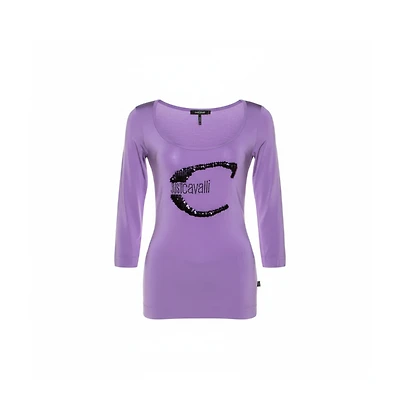 Pre-Owned Roberto Cavalli Women's Lilac Jersey Embellished Logo Scoop Neck Top