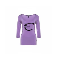 Pre-Owned Roberto Cavalli Women's Lilac Jersey Embellished Logo Scoop Neck Top