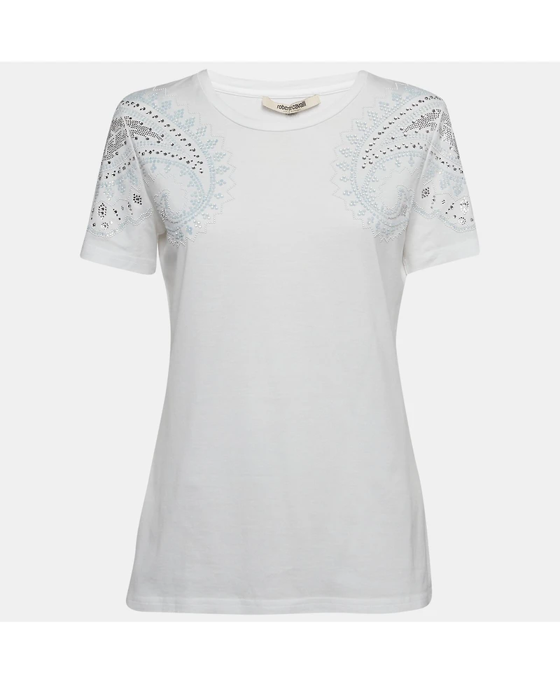 Pre-Owned Roberto Cavalli Women's White Crystal Embellished Jersey T-Shirt