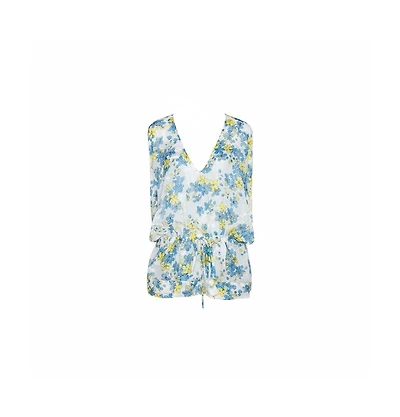 Pre-Owned Roberto Cavalli Women's Blue & White Floral Print Silk Sheer Kaftan Top