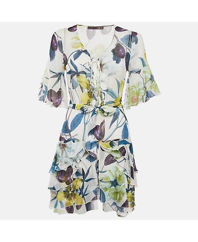 Pre-Owned Roberto Cavalli Women's Multicolor Floral Print Silk Ruffle Belted Dress