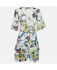 Pre-Owned Roberto Cavalli Women's Multicolor Floral Print Silk Ruffle Belted Dress