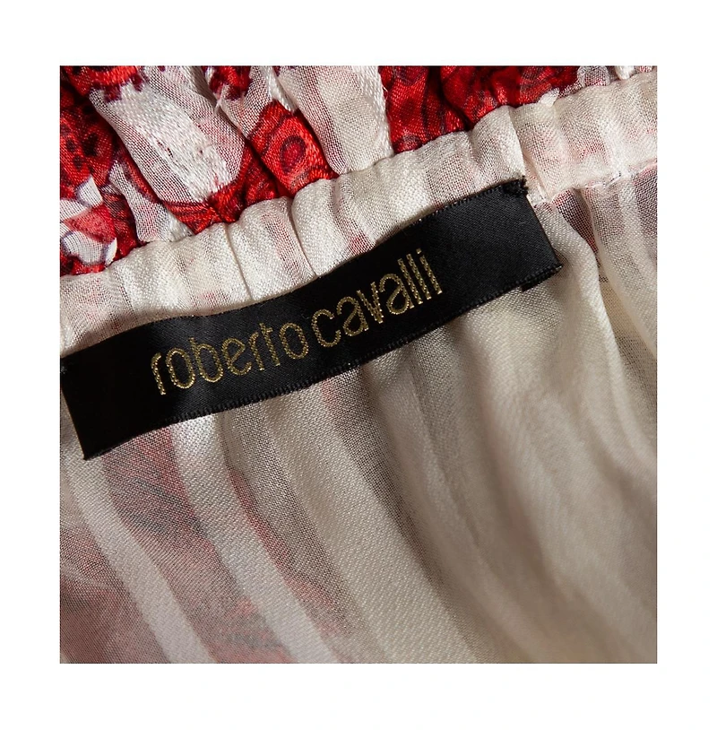 Pre-Owned Roberto Cavalli Women's Ivory & Red Printed Silk Neck Tie Detail Blouse