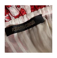 Pre-Owned Roberto Cavalli Women's Ivory & Red Printed Silk Neck Tie Detail Blouse