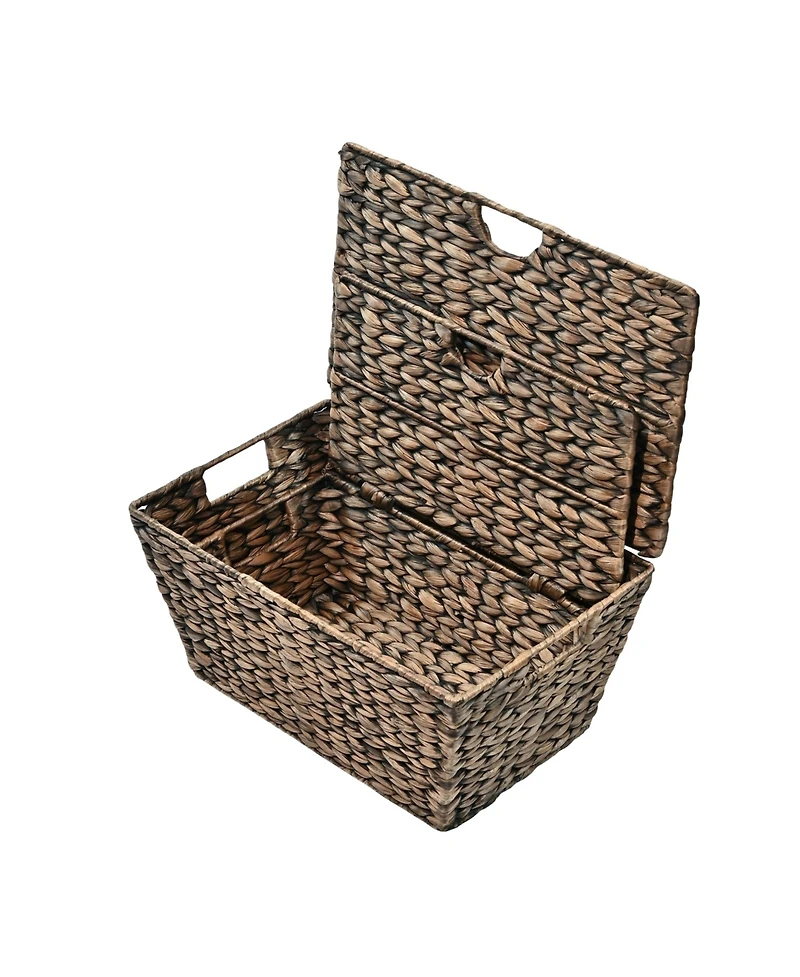 Happimess Wilder Classic Farmhouse Woven Hyacinth Rectangular Storage Baskets with Lids and Handles (Set of 2