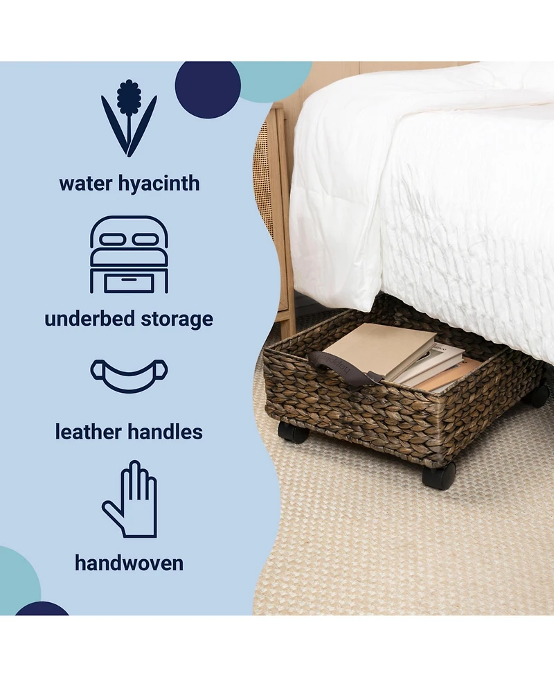 18.11" Hand-Woven Hyacinth Rectangular Underbed Storage Bin with Wheels and Handles