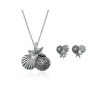 Bling Jewelry Nautical Beach Charm Sandollar Starfish Seashell Pendant Necklace & Earrings Set Sterling Silver