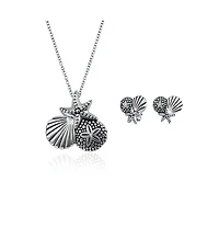 Bling Jewelry Nautical Beach Charm Sandollar Starfish Seashell Pendant Necklace & Earrings Set Sterling Silver