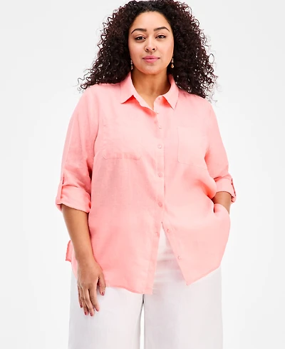 Charter Club Plus 100% Linen Roll-Tab Shirt, Exclusively at Macy's