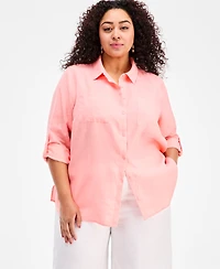 Charter Club Plus 100% Linen Roll-Tab Shirt, Exclusively at Macy's