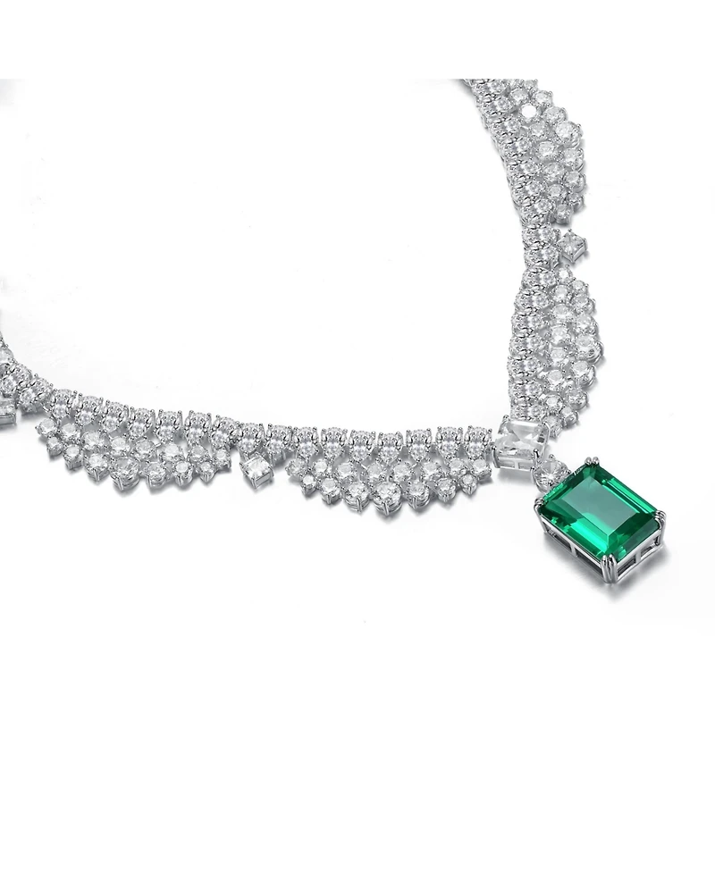 Rachel Glauber White Gold Plated with Rectangular Green Cubic Zirconia Pendant Necklace