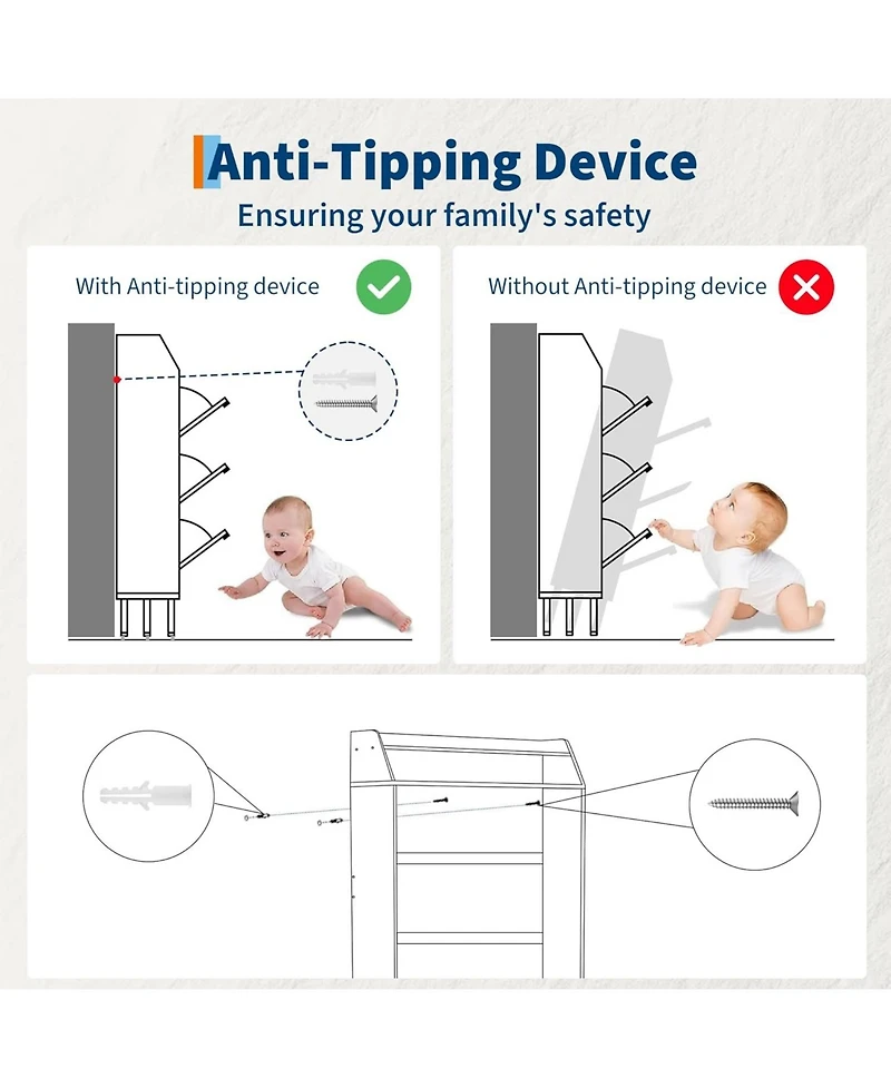 Shoe Cabinet with 3 Drawers, Slim Freestanding Shoe Storage Organizer, White Wood Grain Finish, Hidden Rack