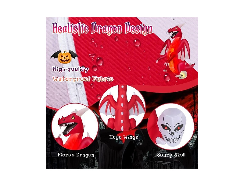 Mondawe 8 ft Halloween Inflatables Blow-up Red Dragon with Wings Skull