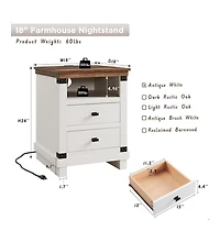 Gaomon Farmhouse Nightstand Set of 2 with Charging Station, 18" Rustic Night Stand with 2 Storage Drawers, Wood End Table