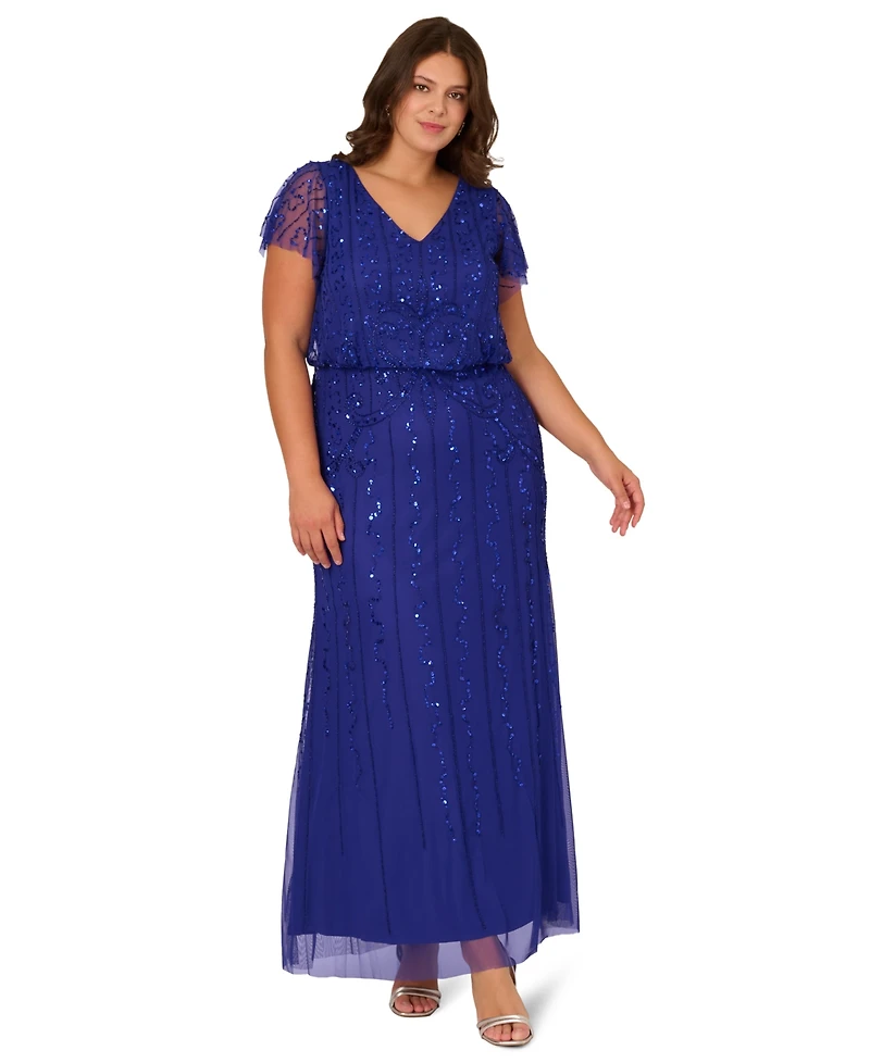 Adrianna Papell Plus Beaded V-Neck Maxi Dress