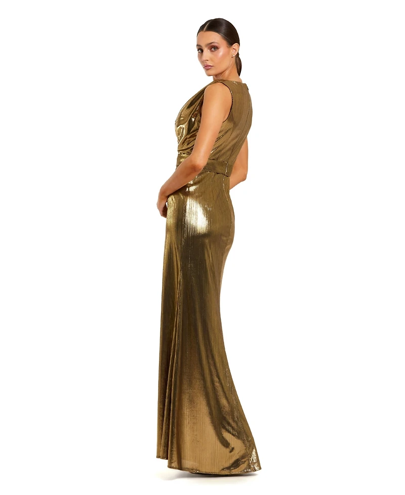 Mac Duggal Women's Metallic Sleeveless Cowl Neck Trumpet Gown with Belt