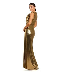 Mac Duggal Women's Metallic Sleeveless Cowl Neck Trumpet Gown with Belt