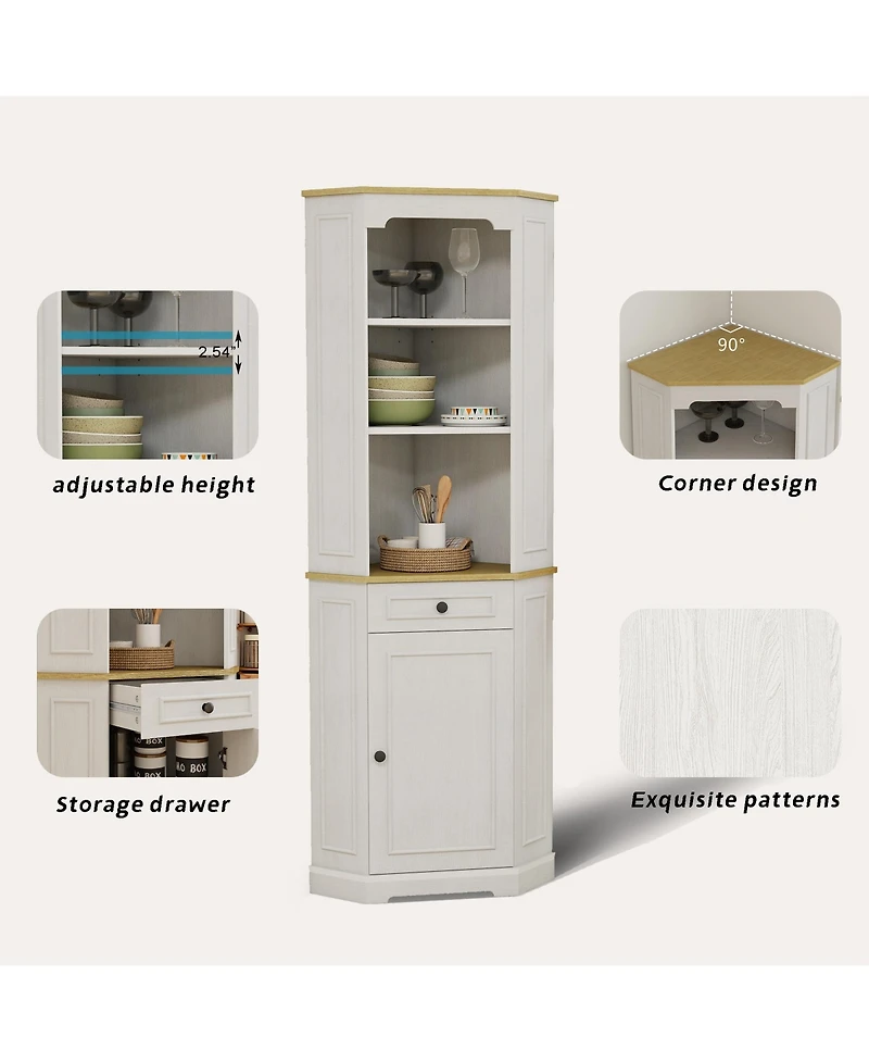 sumyeg Corner Cabinet 68 Inches Tall with Door Drawer and Adjustable Shelf in Antique White