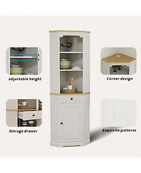 sumyeg Corner Cabinet 68 Inches Tall with Door Drawer and Adjustable Shelf in Antique White