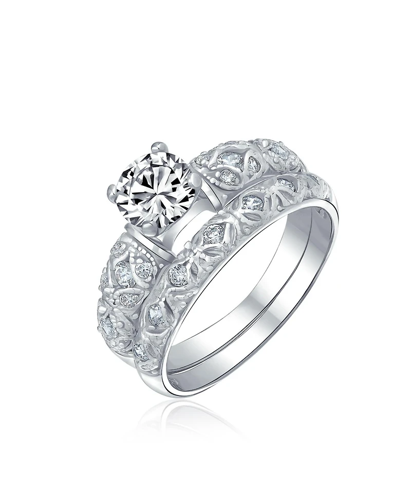 Bling Jewelry European Style 1CT Round Cz Cubic Zirconia Solitaire Promise Ring Set with Filigree Band in Sterling Silver