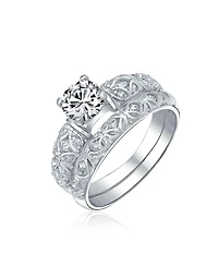 Bling Jewelry European Style 1CT Round Cz Cubic Zirconia Solitaire Promise Ring Set with Filigree Band in Sterling Silver