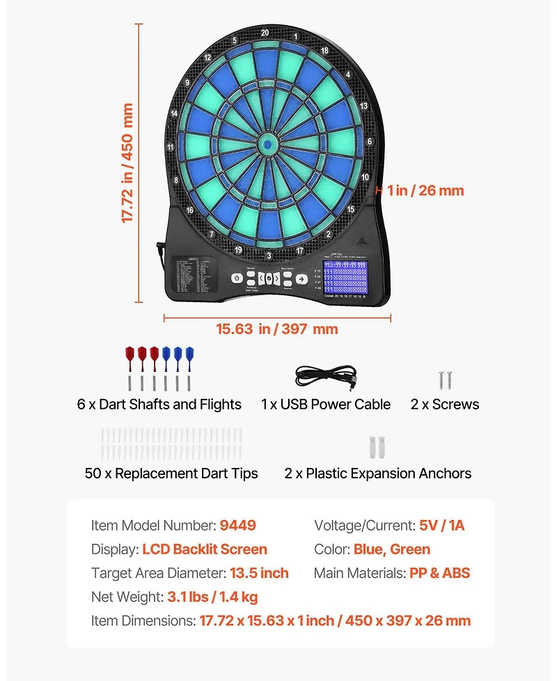 Sugift Electronic Dartboard Led Target with 48 Games and 500 Variations for 8 Players