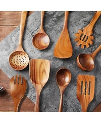 Sugift 9-Piece Natural Teak Wooden Kitchen Utensils Set