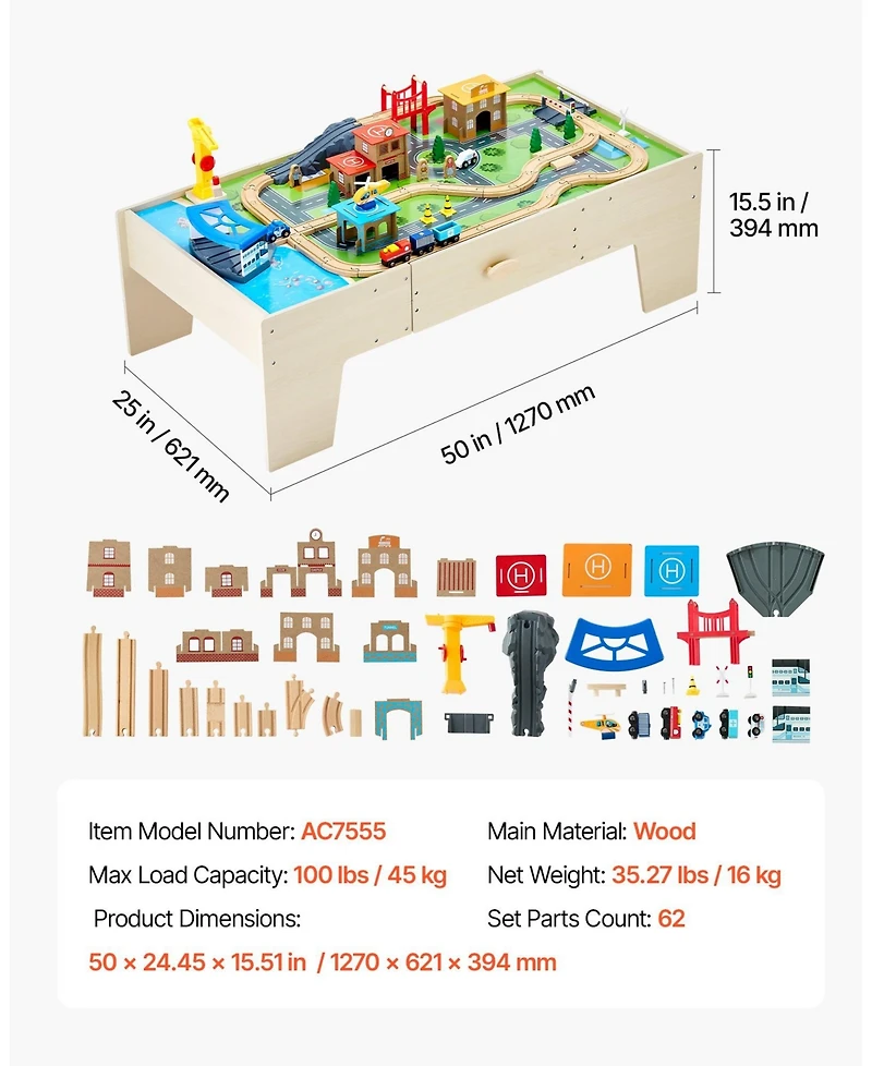 Mecale Train Table, 62 Pcs Wooden Activity Table with Large Drawer, 3-in-1 Train Set for Playing, Drawing & Reading, Toy for Kids 3