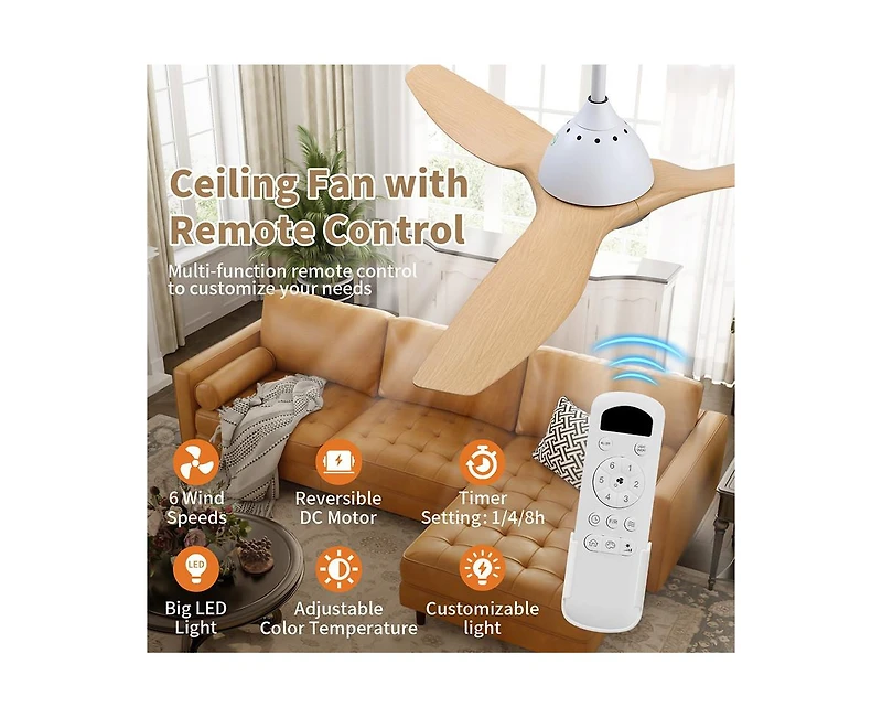 Sofucor 52-inch Modern White 3-Blade Ceiling Fan with Led Light and Remote Control