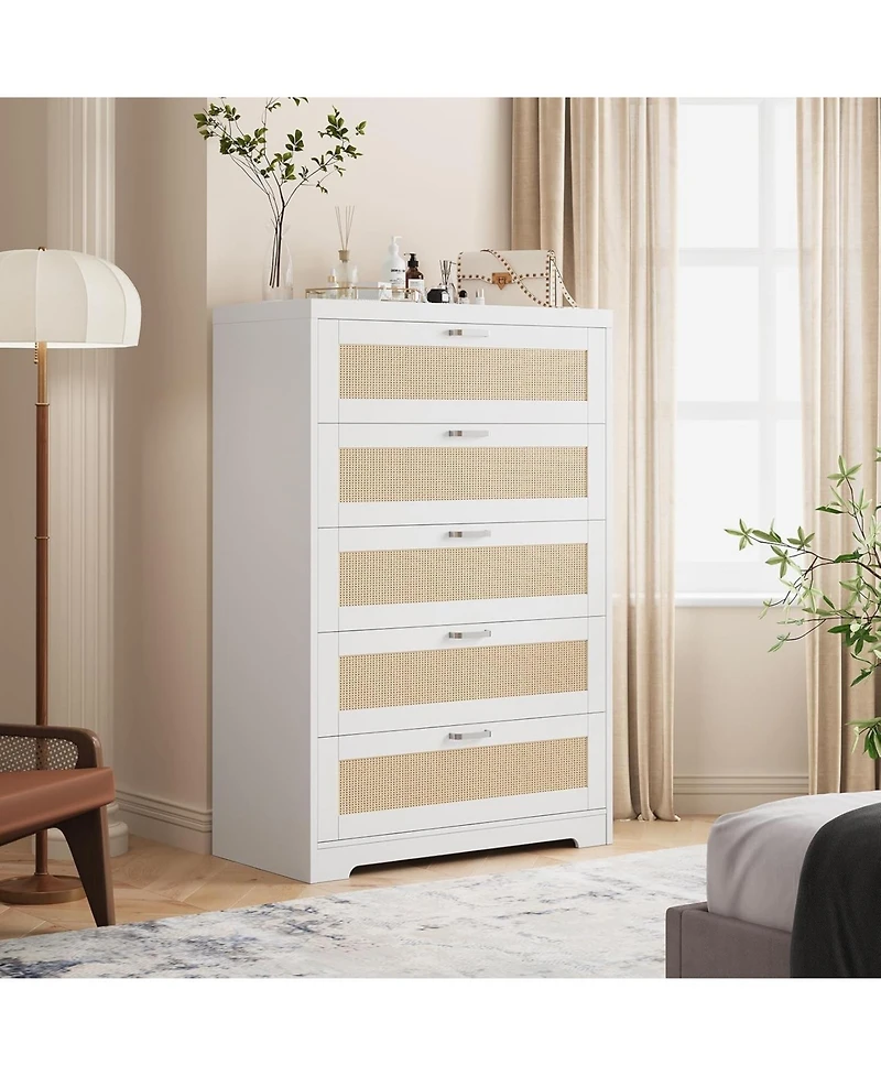 Gaomon Tall Rattan Dresser with 5 Drawers,Wooden Spacious Storage Chest of Drawers
