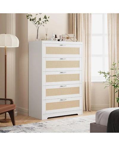 Gaomon Tall Rattan Dresser with 5 Drawers,Wooden Spacious Storage Chest of Drawers