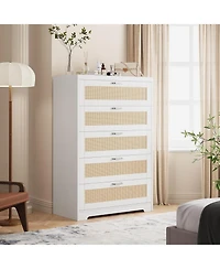 Gaomon Tall Rattan Dresser with 5 Drawers,Wooden Spacious Storage Chest of Drawers