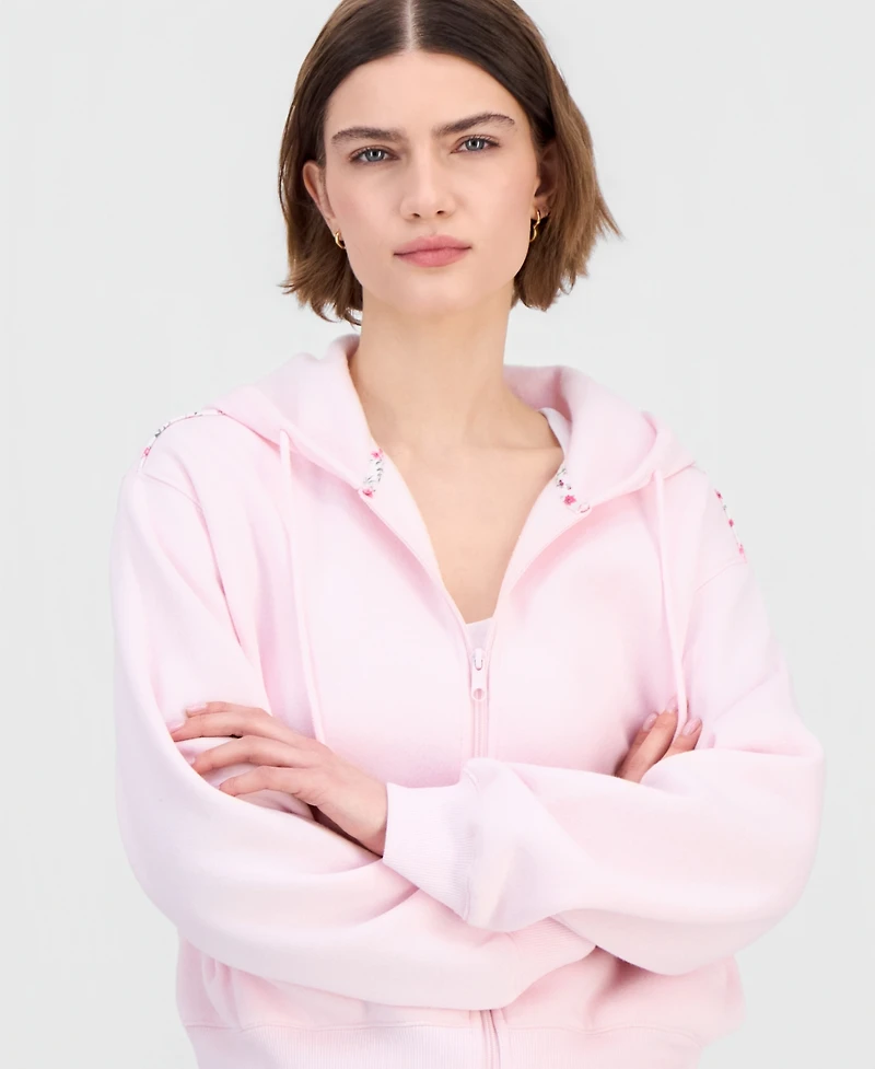 Madden Girl Juniors' Zip-Front Printed Pipping Drawstring Hoodie