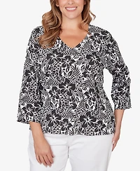 Hearts Of Palm Plus Printed Stretch Jersey V-Neck Top