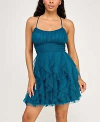 pear culture Juniors' Strappy Glitter Embellished Petal Dress