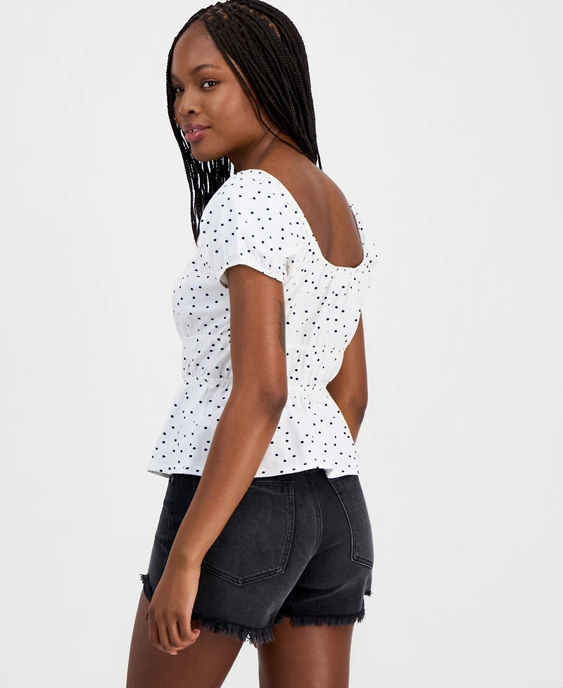 Hippie Rose Juniors' Printed Puff-Sleeve Peplum Peasant Top