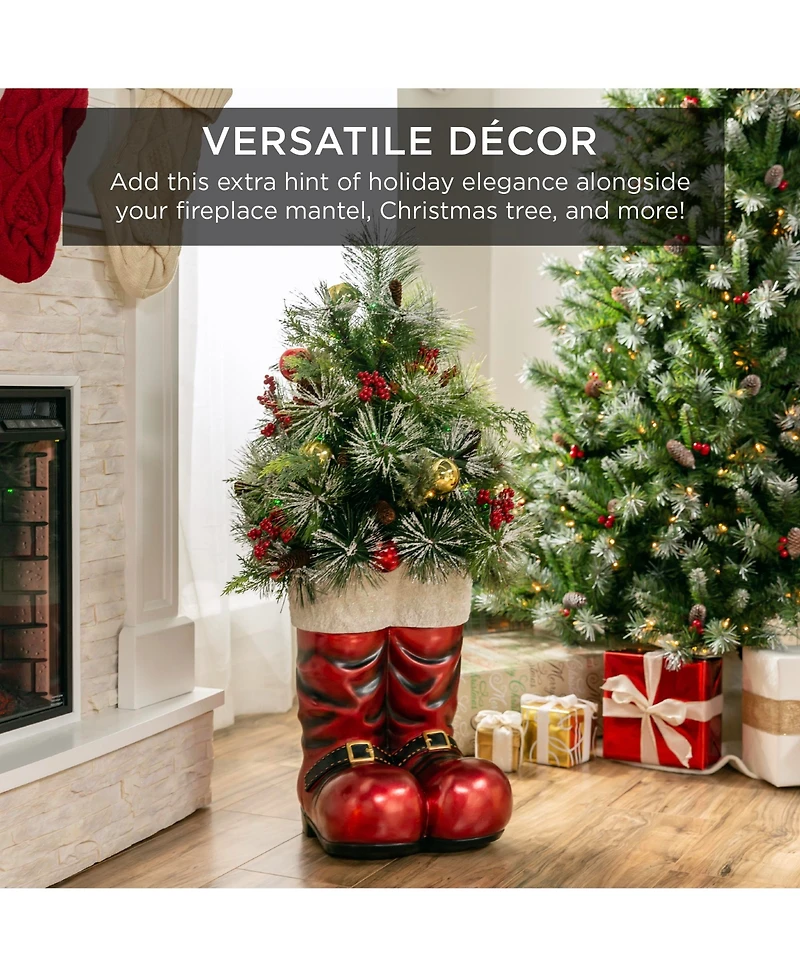 Best Choice Products 40in Santa Boots Decoration w/ Pre-Decorated Christmas Greenery, Battery-Operated Lights