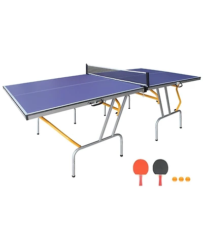 Rbied 8FT Foldable Table Tennis Set with Net, 2 Paddles and Balls, Portable Blue Mdf Ping Pong Table with Aluminum Frame for Apartment or Office Use