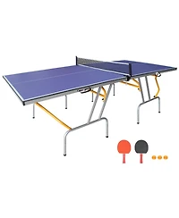 Rbied 8FT Foldable Table Tennis Set with Net, 2 Paddles and Balls, Portable Blue Mdf Ping Pong Table with Aluminum Frame for Apartment or Office Use