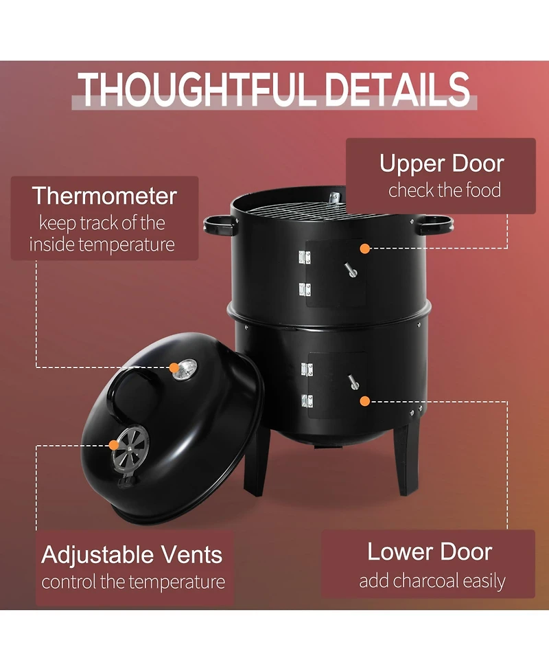 Outsunny 3-In-1 Outdoor Charcoal Bbq Smoker and Grill with 2 Cooking Racks