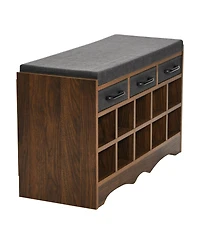 Household Essentials Entryway Storage Bench with Drawers, Shoe Compartments and Cushioned Seat in Mid Century Walnut Wood Grain