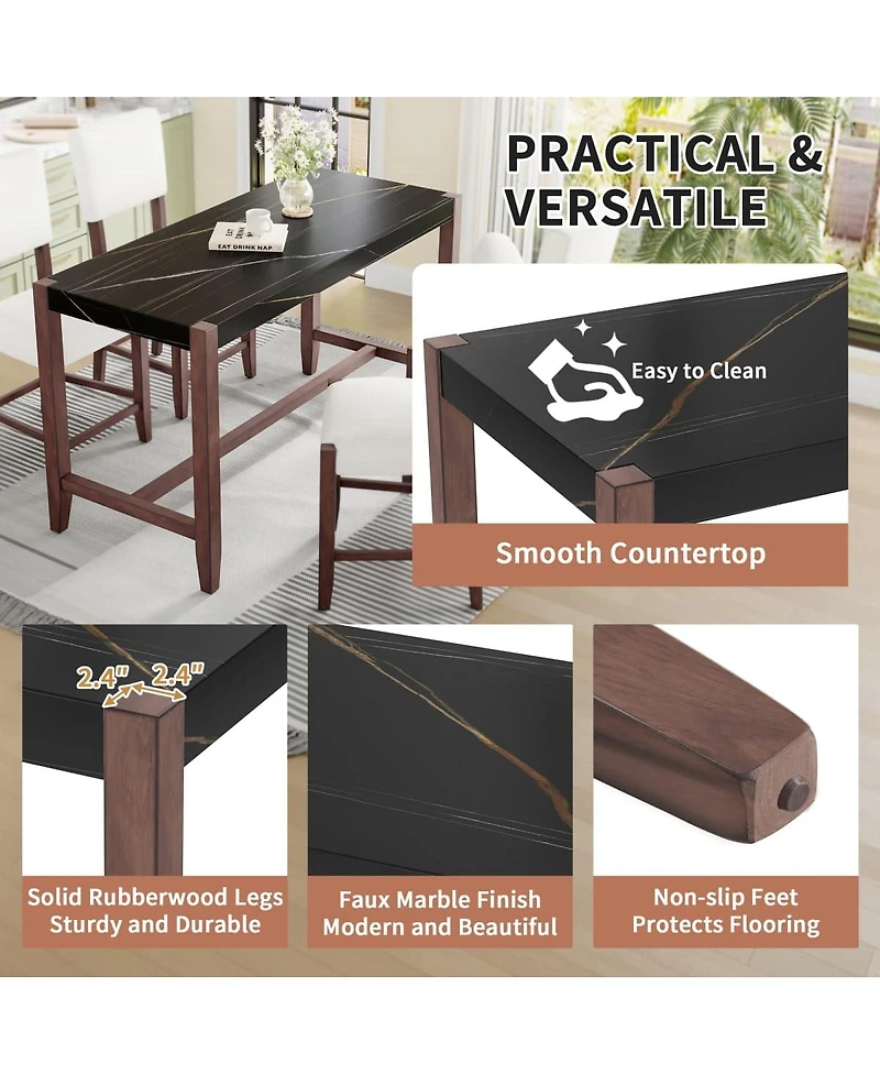 5-Piece Counter Height Dining Set, Faux Marble Table and 4 Upholstered Chairs for Small Spaces or Room-Maison Boucle
