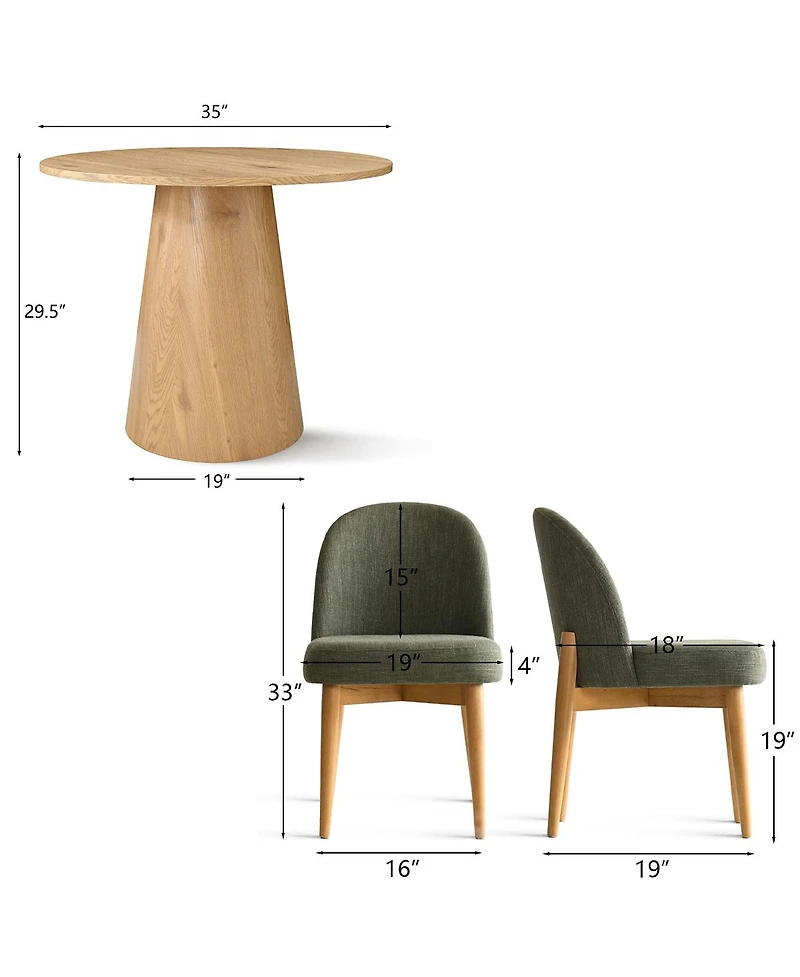 Maison Boucle 3-Piece Round Dining Table Set, 35" Wood-Look Pedestal Table with Fabric Upholstered Chairs for Small Kitchens