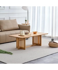 47.24" Rectangular Solid Wood Coffee Table with Imitation Rattan Design, for Living Room