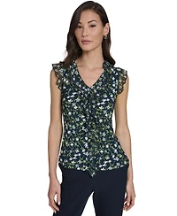 Tommy Hilfiger Women's Floral Vine Mixed Media Ruffle Top