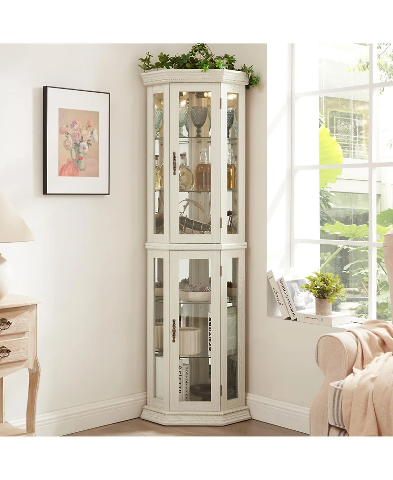 Streamdale Furniture Lighted Corner Curio Cabinet - Glass Display, Adjustable Shelves - White