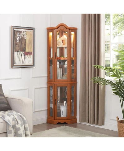 Streamdale Furniture Lighted Oak Curio Cabinet with Tempered Glass Doors & Shelves
