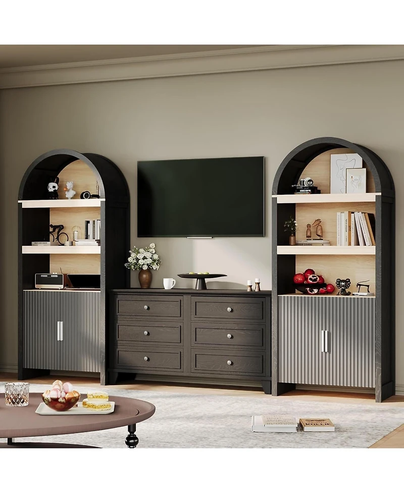 Gaomon 71in Tall Arched Bookcase, Modern 5 Tier Bookshelf Mid Century Arched Display Storage Cabinet with Fluted Doors Open Display Shelves, Black