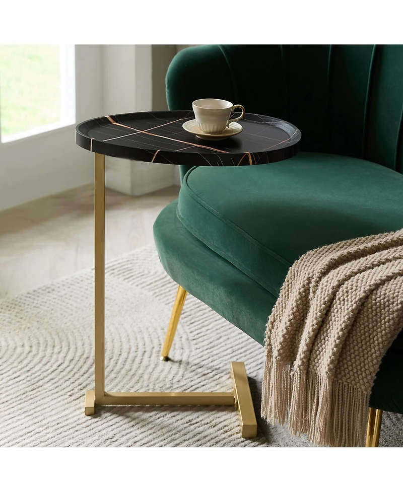 Kings Brand Furniture Wood and Gold Metal C-Shaped Side Table for Sofa, Snack or End