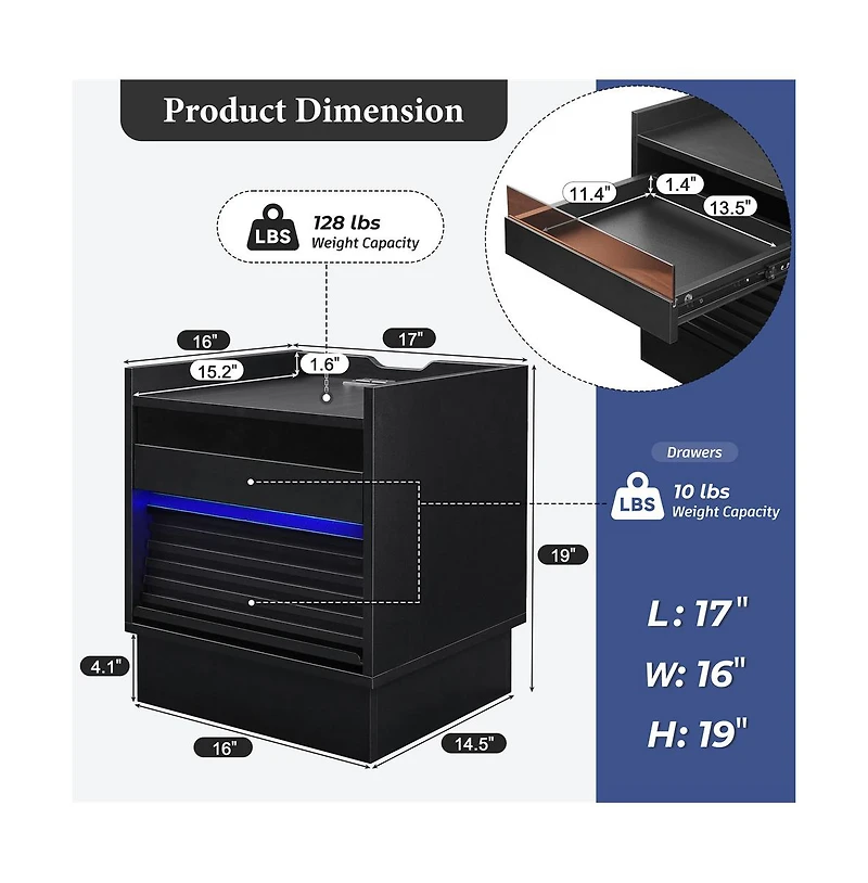 Cesicia Modern Nightstand Smart Bedside Table with 2 Drawers